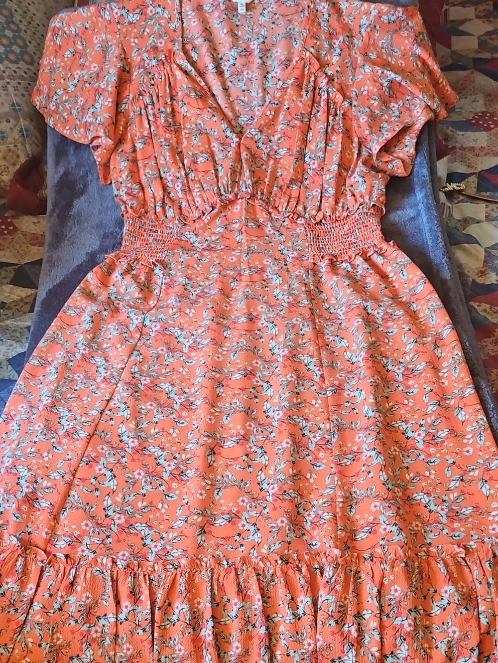 Max Studio Coral Floral Maxi Dress with Smocked Waist